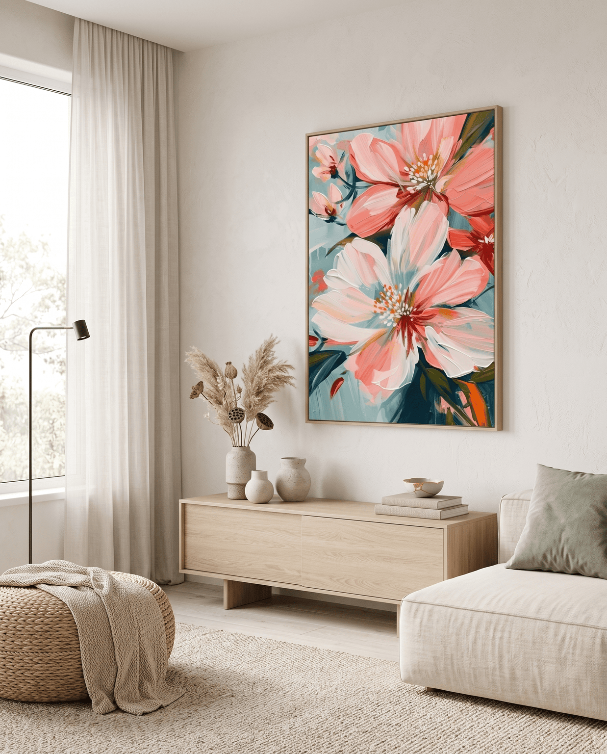 Blush Roze Bloemen op Teal – Bloemschilderij - Volsani