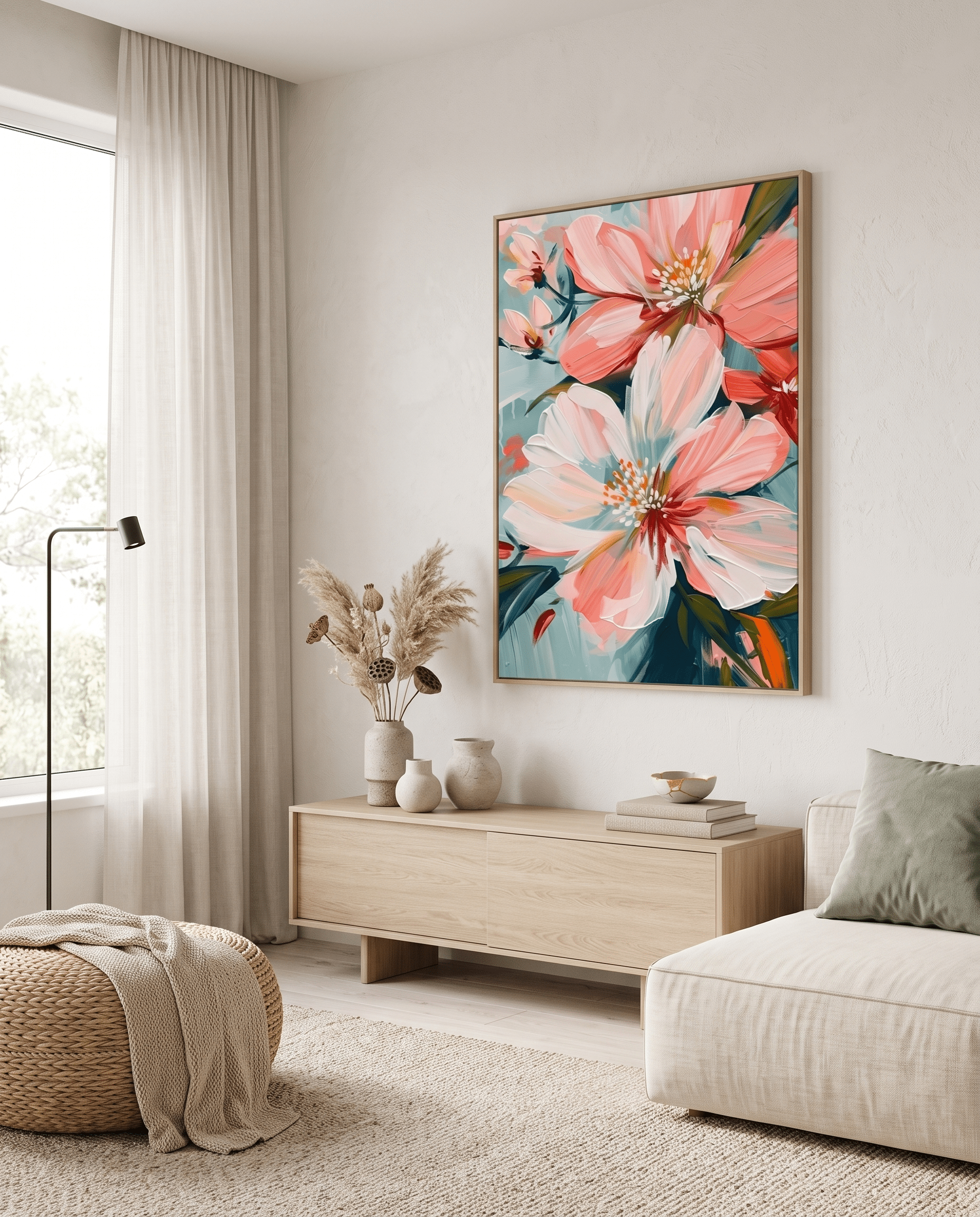 Blush Roze Bloemen op Teal – Bloemschilderij - Volsani
