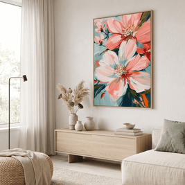 Blush Roze Bloemen op Teal – Bloemschilderij - Volsani