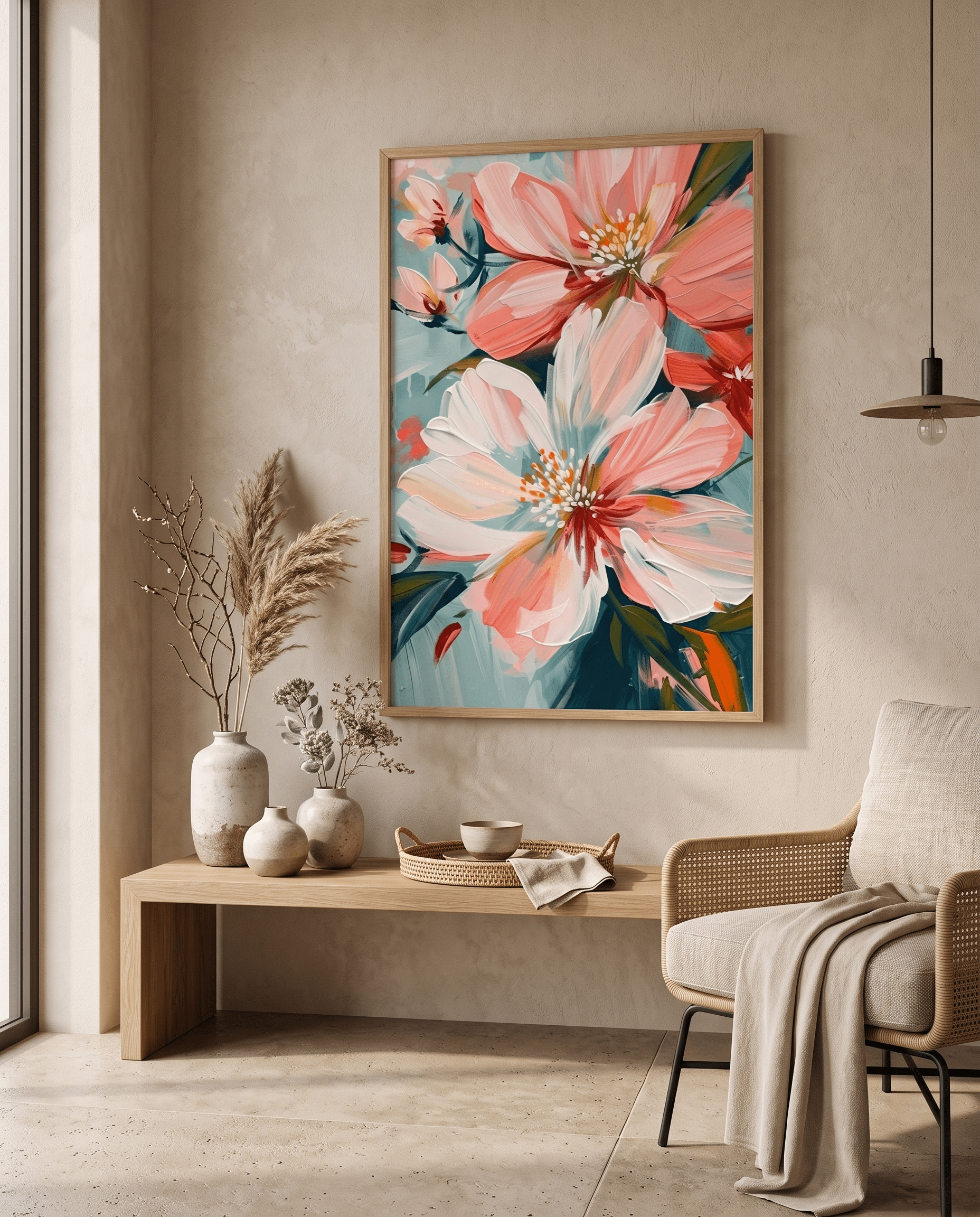 Blush Roze Bloemen op Teal – Bloemschilderij - Volsani
