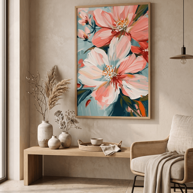 Blush Roze Bloemen op Teal – Bloemschilderij - Volsani