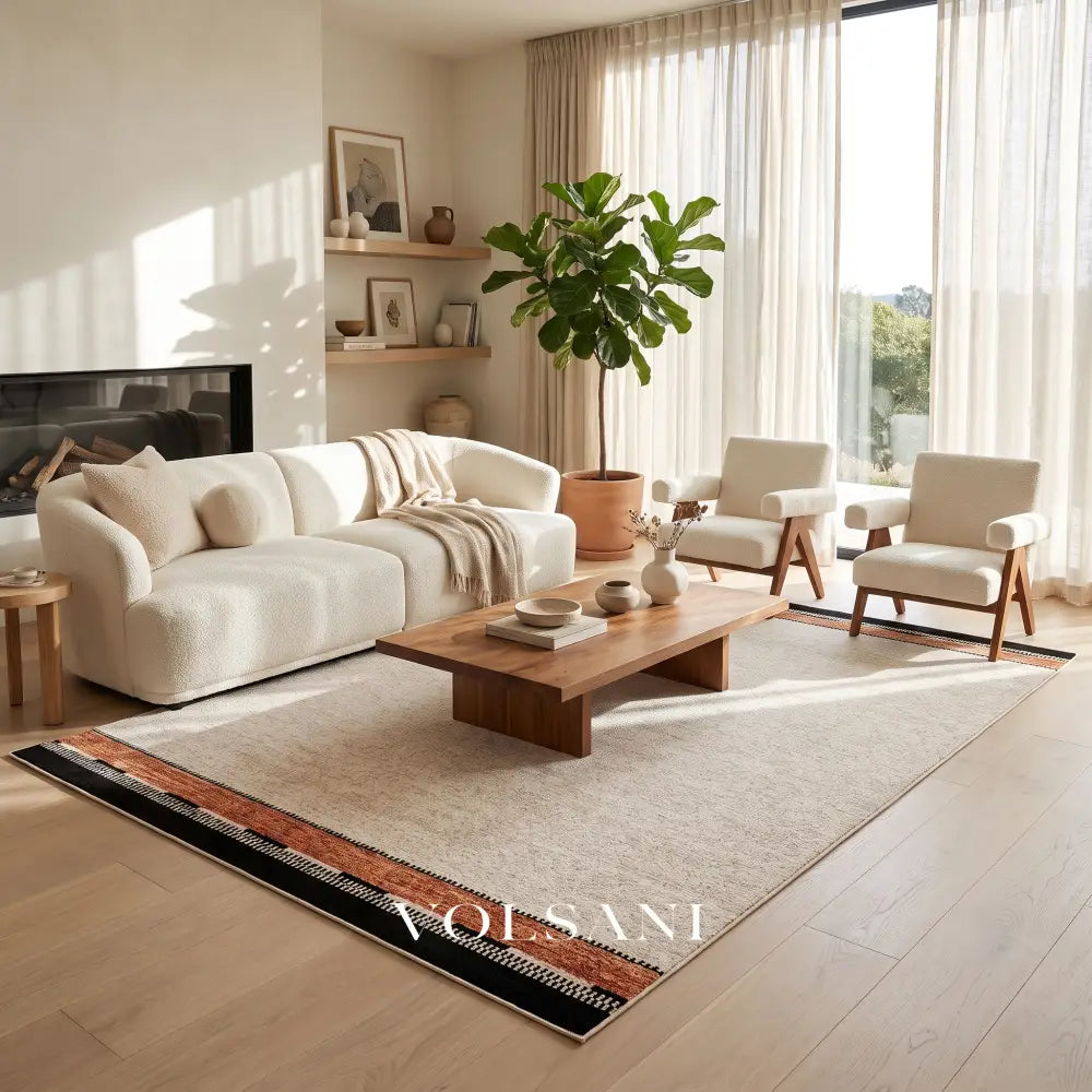Bordered Cream Area Rug with Terracotta Trim Plush Living Room & Bedroom Rug Waterproof Pile 5 Sizes 55-138in