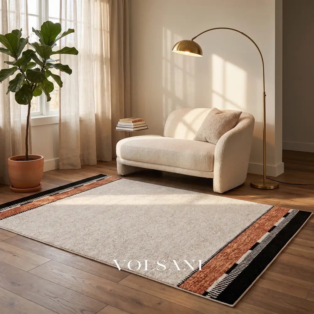 Bordered Cream Area Rug with Terracotta Trim Plush Living Room & Bedroom Rug Waterproof Pile 5 Sizes 55-138in - Decor >