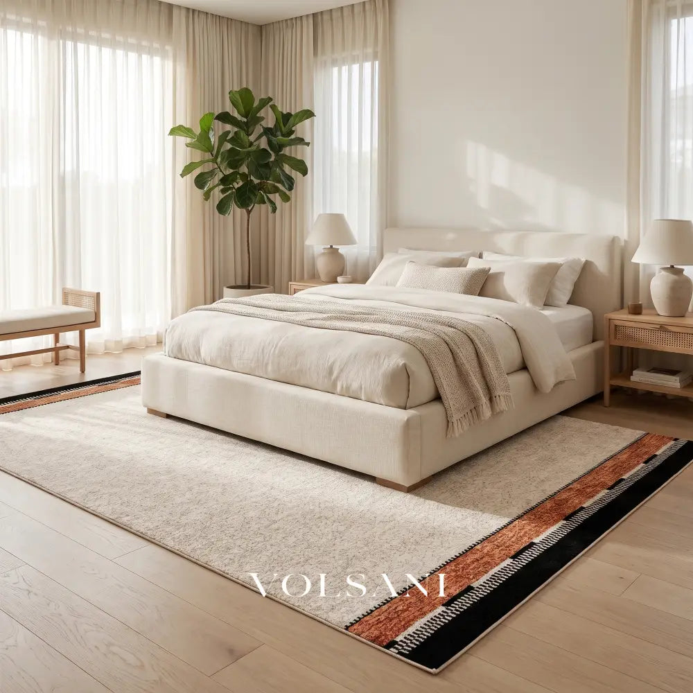 Bordered Cream Area Rug with Terracotta Trim Plush Living Room & Bedroom Rug Waterproof Pile 5 Sizes 55-138in - Decor >