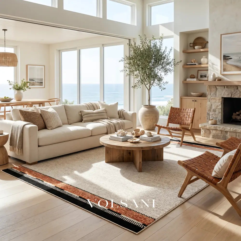 Bordered Cream Area Rug with Terracotta Trim Plush Living Room & Bedroom Rug Waterproof Pile 5 Sizes 55-138in - Decor >
