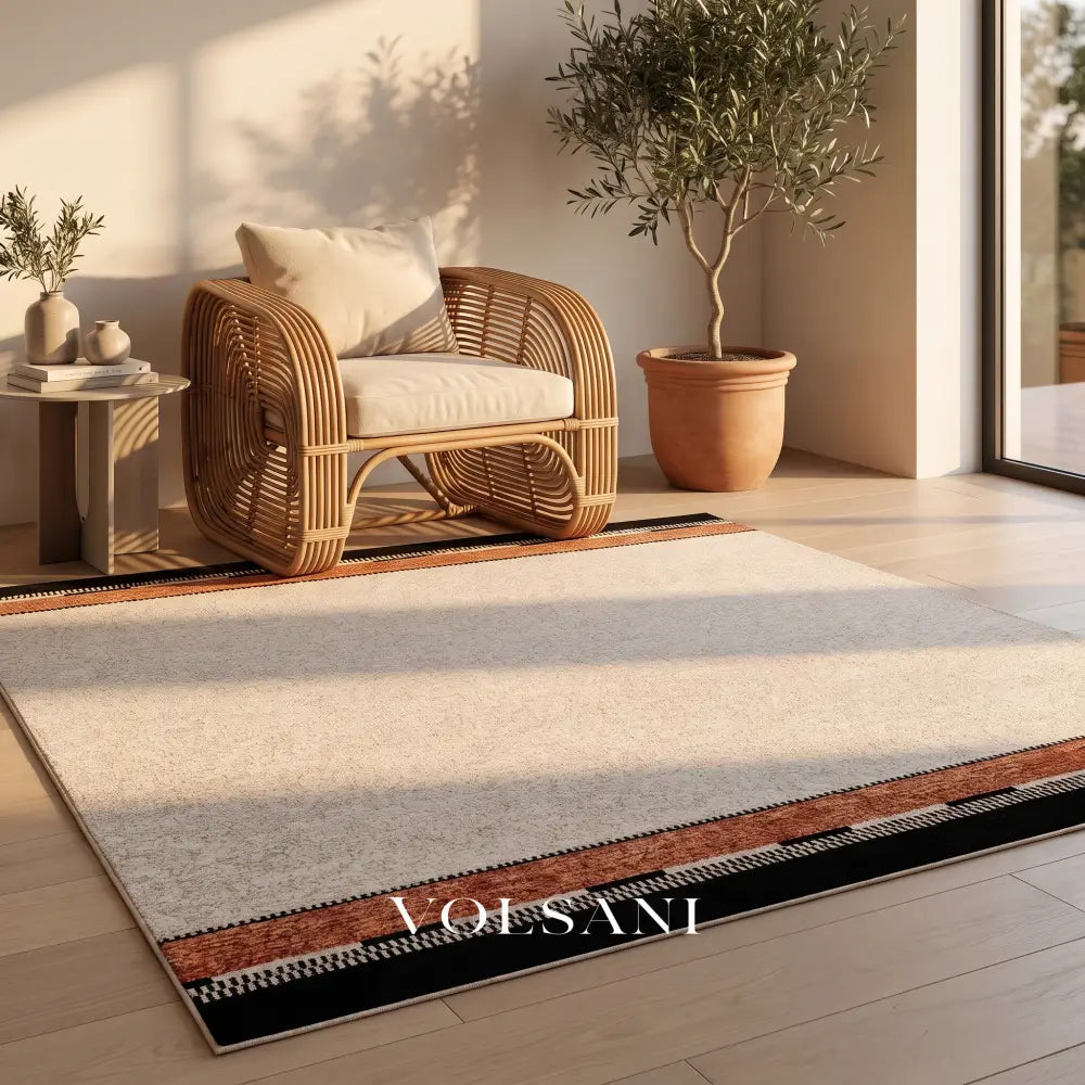 Bordered Cream Area Rug with Terracotta Trim Plush Living Room & Bedroom Rug Waterproof Pile 5 Sizes 55-138in - Decor >