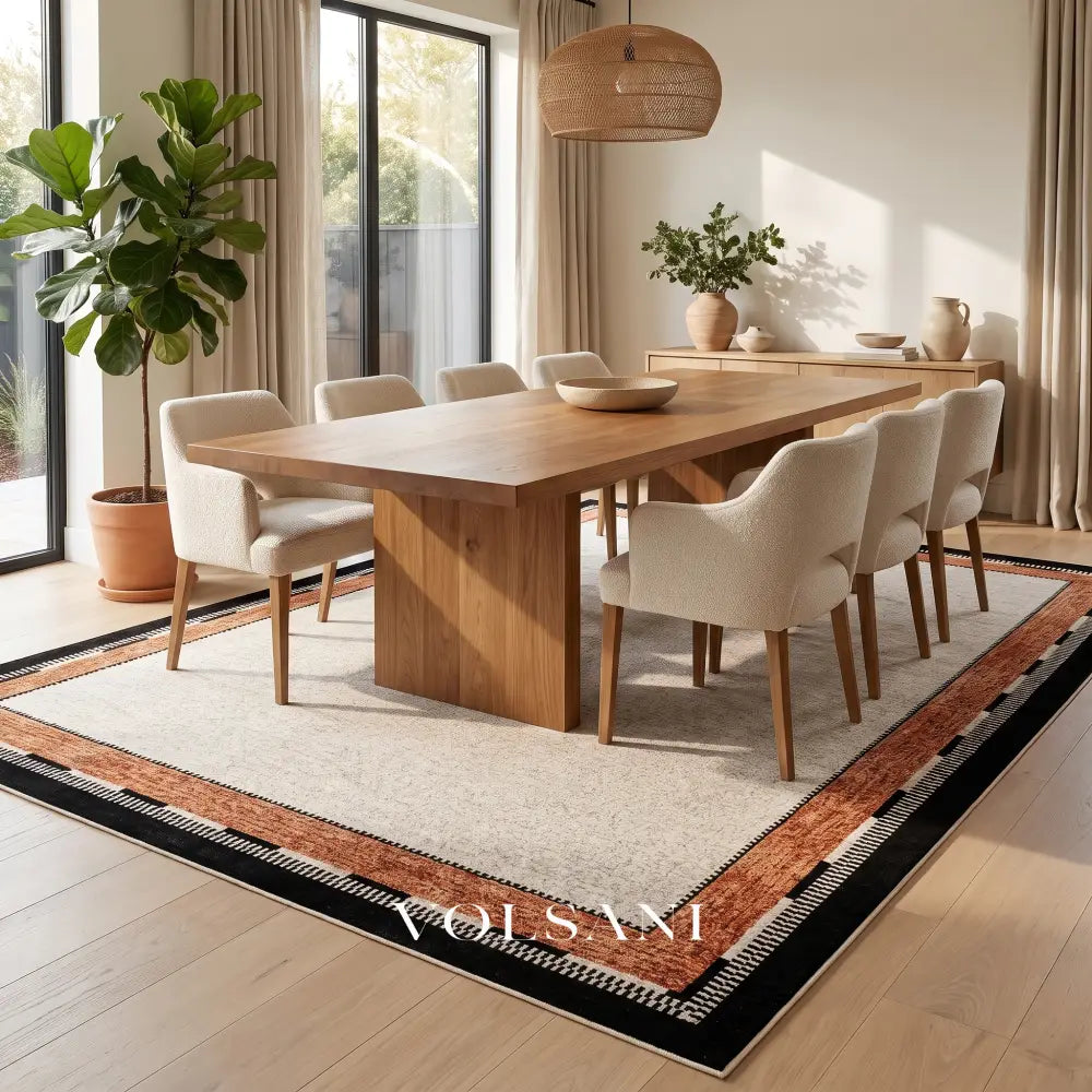 Bordered Cream Area Rug with Terracotta Trim Plush Living Room & Bedroom Rug Waterproof Pile 5 Sizes 55-138in - Decor >