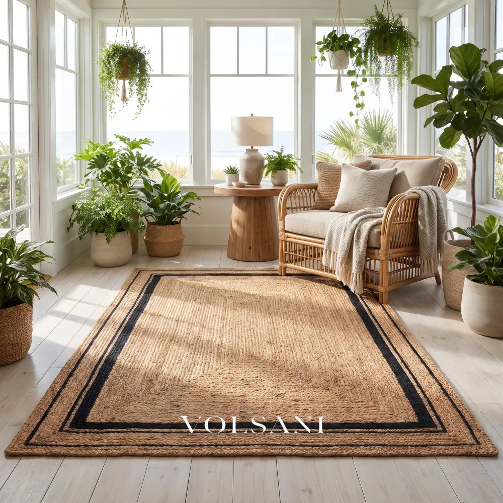 Bordered Jute Rug with Black Trim Braided Living Room & Hallway Rug Runner and Area Sizes 20 Sizes 23-144in - 60 x 90