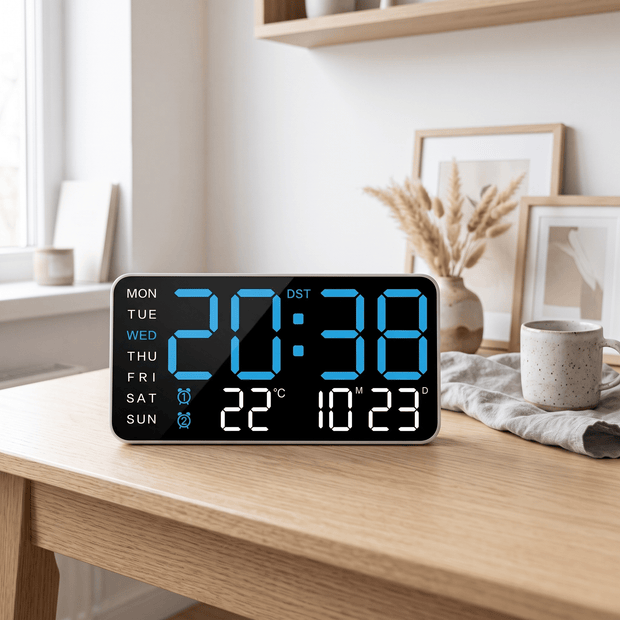BRECHT: LED Wekker met Kalender – Tafel- of Wandmodel (USB) - Volsani