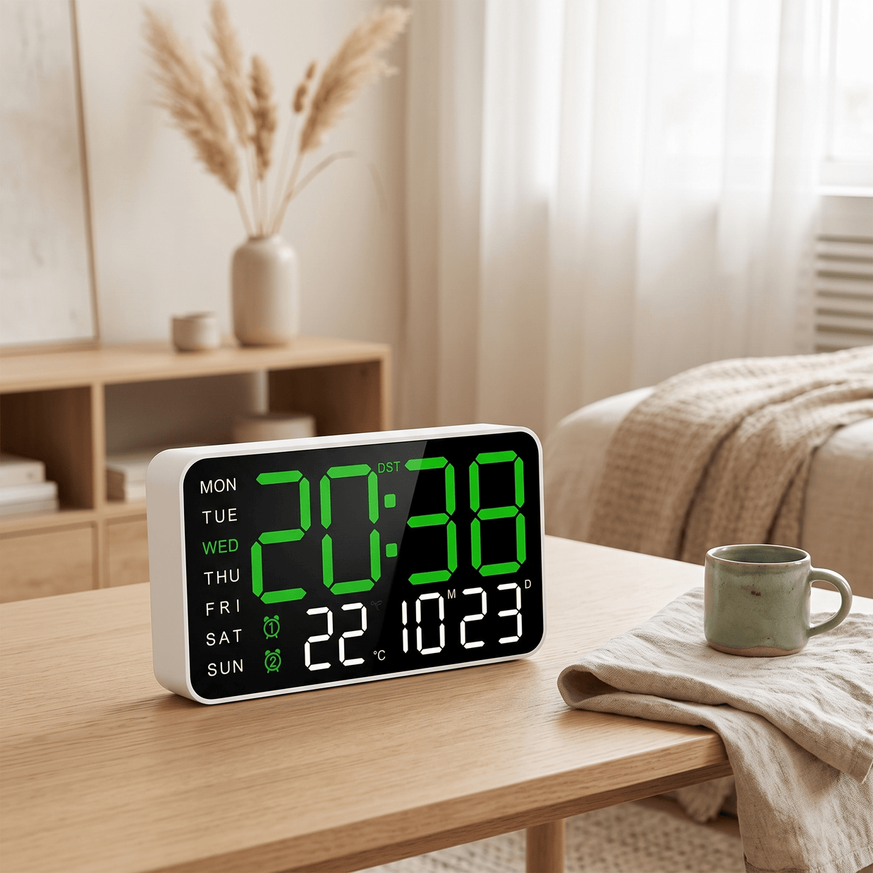 BRECHT: LED Wekker met Kalender – Tafel- of Wandmodel (USB) - Volsani