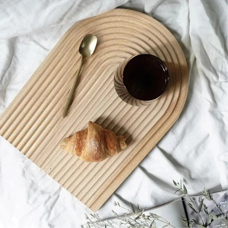 Rippled Wood Serving Tray, Wood Coffee Table Tray with Groove, 11.8-12.6in