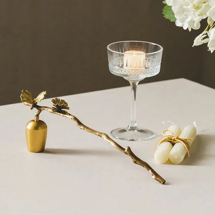 Brass Taper Candle Holder, Ginkgo Leaf & Butterfly Candelabra, 8-17in, Gold