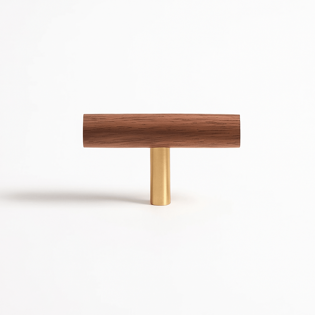 Wooden Cabinet Knobs & Pull Bars, Scandinavian Kitchen & Wardrobe Hardware, Brass Detailing, Set of 2 in 4 Wood Tones, 2.3-12.5in