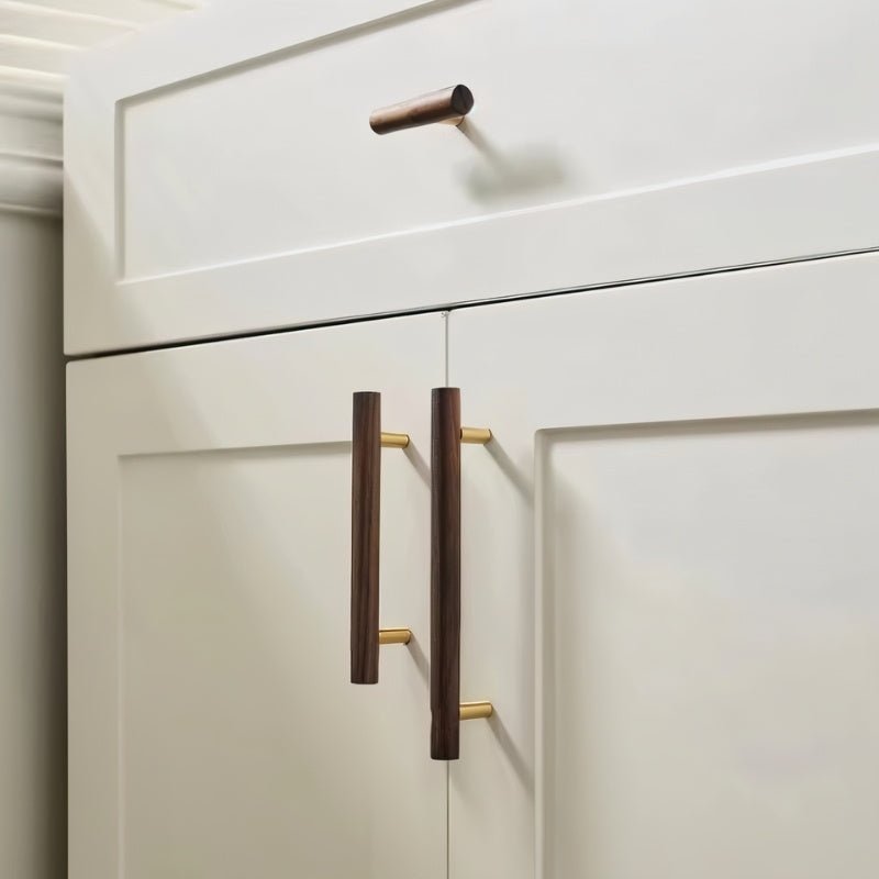 Wooden Cabinet Knobs & Pull Bars, Scandinavian Kitchen & Wardrobe Hardware, Brass Detailing, Set of 2 in 4 Wood Tones, 2.3-12.5in