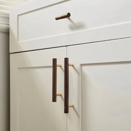 Wooden Cabinet Knobs & Pull Bars, Scandinavian Kitchen & Wardrobe Hardware, Brass Detailing, Set of 2 in 4 Wood Tones, 2.3-12.5in