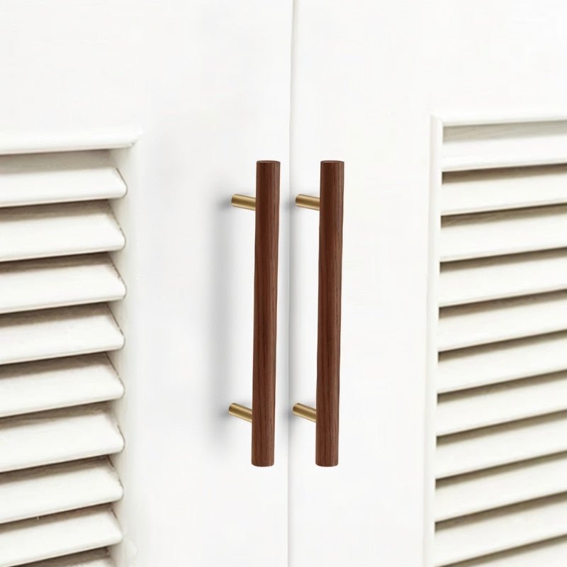 Wooden Cabinet Knobs & Pull Bars, Scandinavian Kitchen & Wardrobe Hardware, Brass Detailing, Set of 2 in 4 Wood Tones, 2.3-12.5in