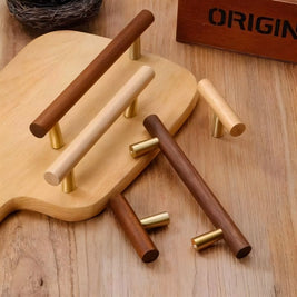 Wooden Cabinet Knobs & Pull Bars, Scandinavian Kitchen & Wardrobe Hardware, Brass Detailing, Set of 2 in 4 Wood Tones, 2.3-12.5in