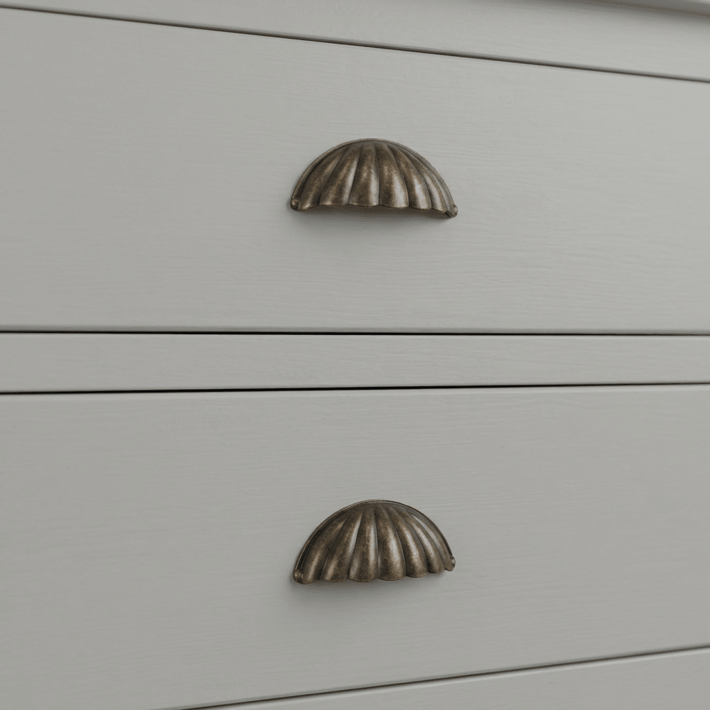 Scalloped Zinc Alloy Drawer Pulls, Modern Kitchen & Vanity Hardware, Ridged Half-Moon Face, Set of 2 Pieces, 2.5in Hole Spacing