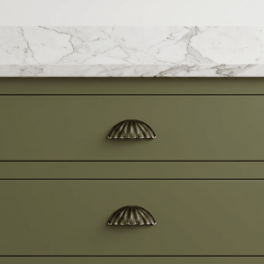 Scalloped Zinc Alloy Drawer Pulls, Modern Kitchen & Vanity Hardware, Ridged Half-Moon Face, Set of 2 Pieces, 2.5in Hole Spacing
