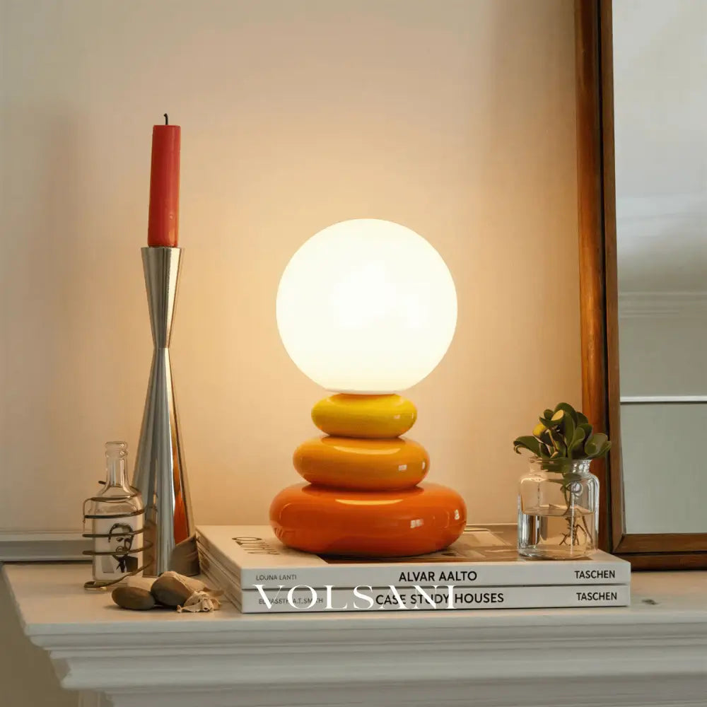 Ceramic Table Lamp with Sculptural Stacked Base Lunar Globe Shade Night Light for Bedroom Desk & Shelf 3 Colors 9in
