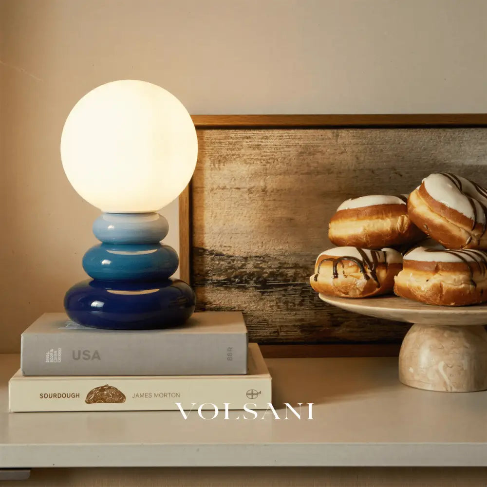 Ceramic Table Lamp with Sculptural Stacked Base Lunar Globe Shade Night Light for Bedroom Desk & Shelf 3 Colors 9in