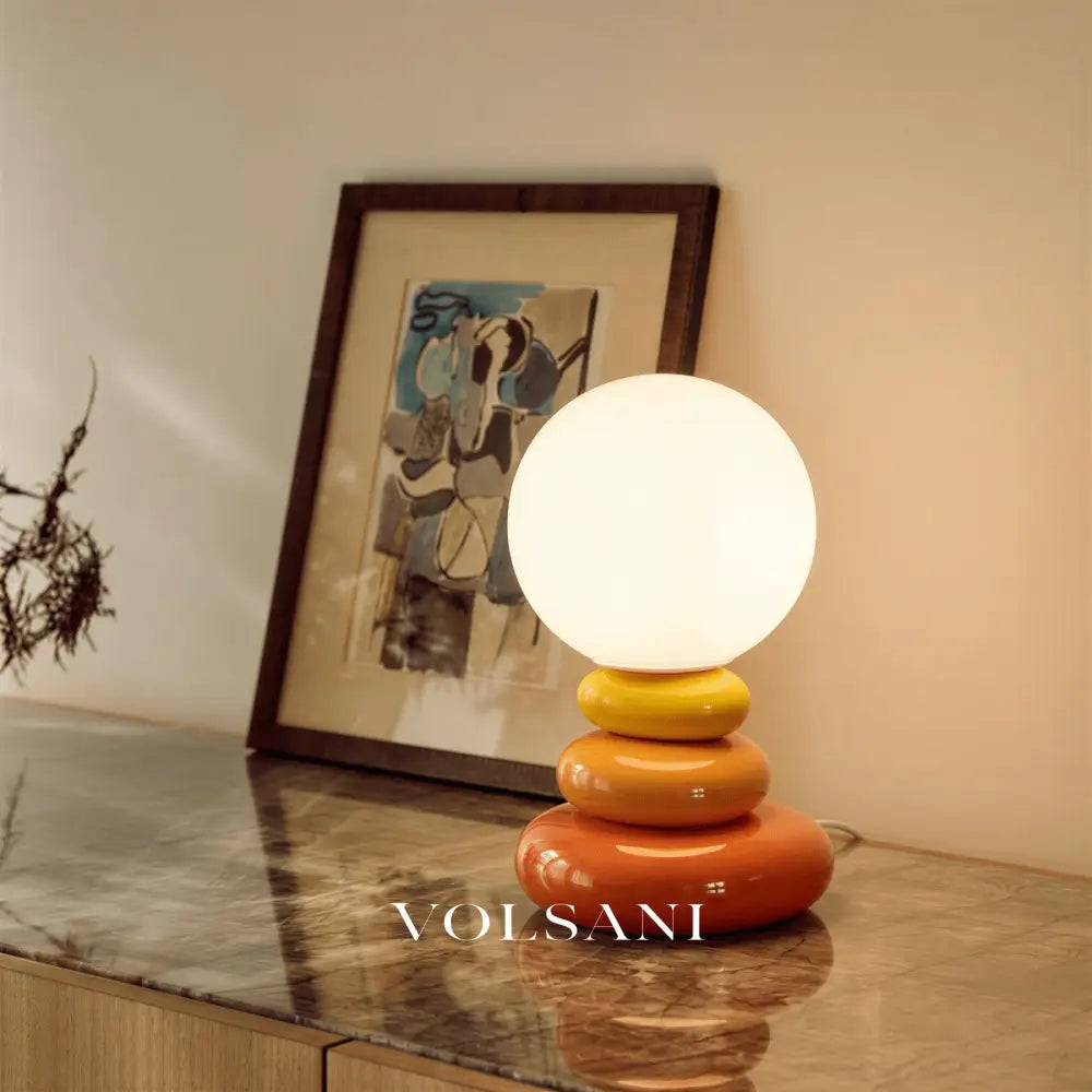 Ceramic Table Lamp with Sculptural Stacked Base Lunar Globe Shade Night Light for Bedroom Desk & Shelf 3 Colors 9in