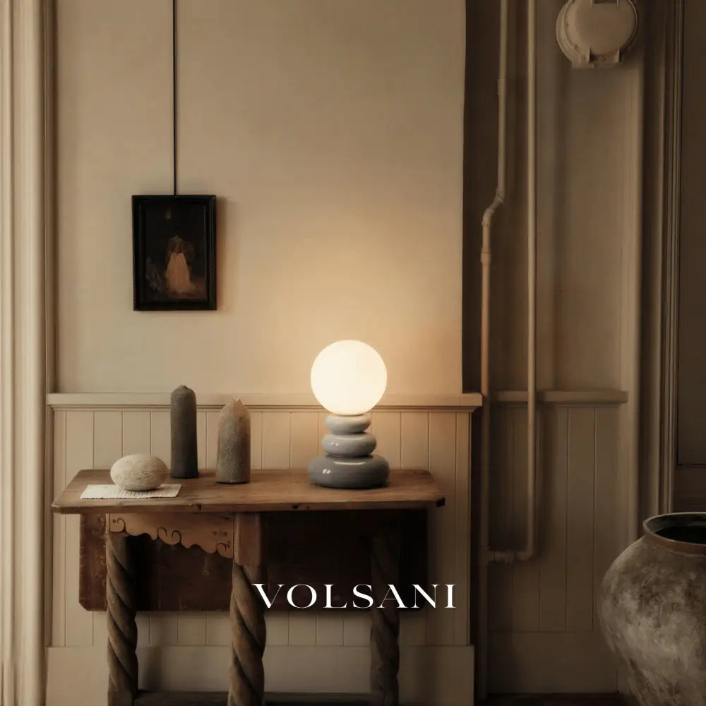 Ceramic Table Lamp with Sculptural Stacked Base Lunar Globe Shade Night Light for Bedroom Desk & Shelf 3 Colors 9in