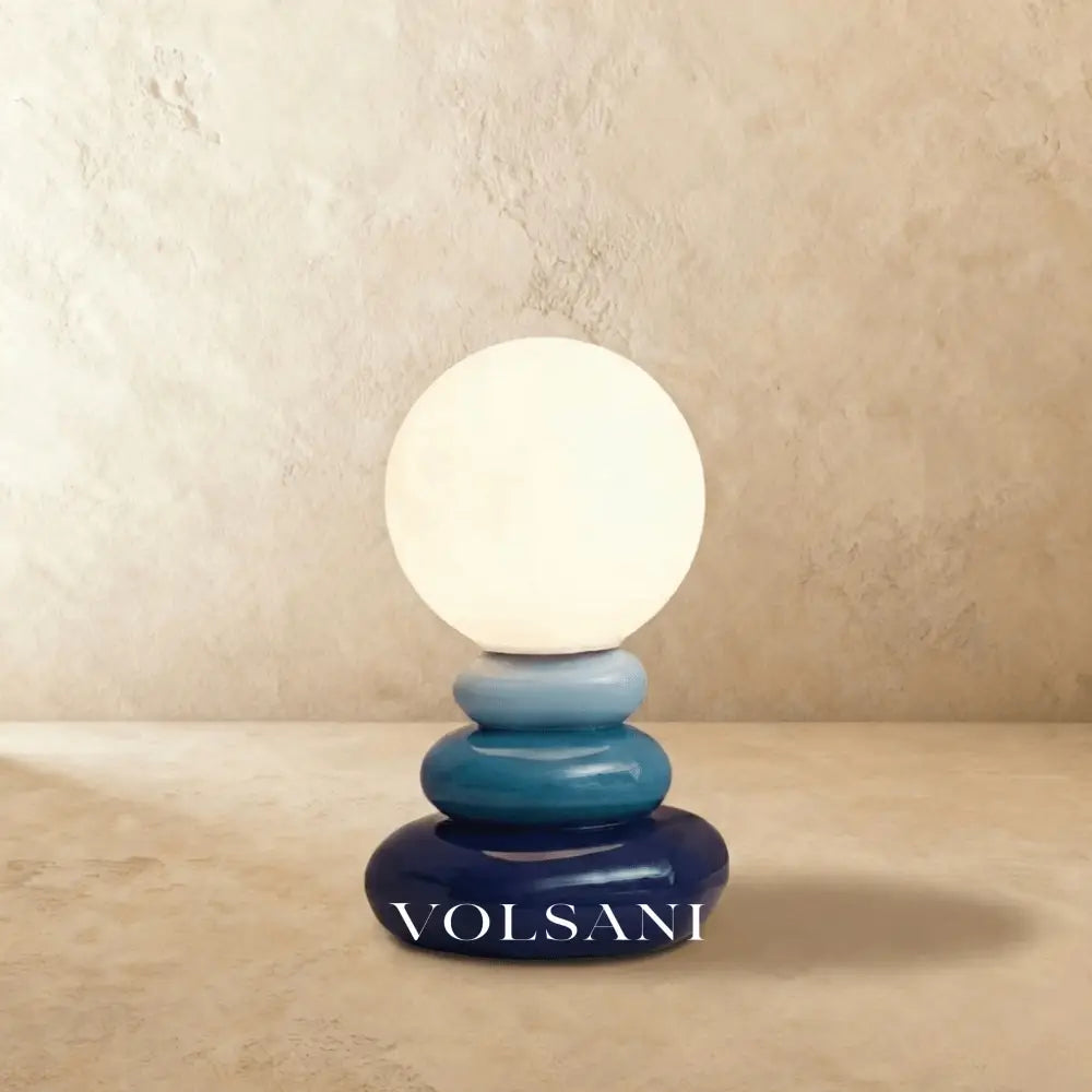 Ceramic Table Lamp with Sculptural Stacked Base Lunar Globe Shade Night Light for Bedroom Desk & Shelf 3 Colors 9in