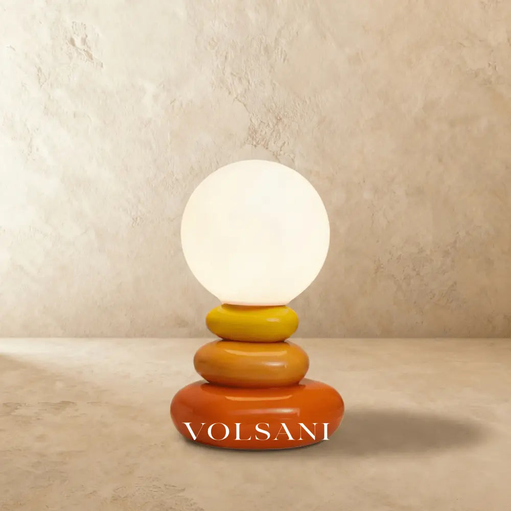 Ceramic Table Lamp with Sculptural Stacked Base Lunar Globe Shade Night Light for Bedroom Desk & Shelf 3 Colors 9in