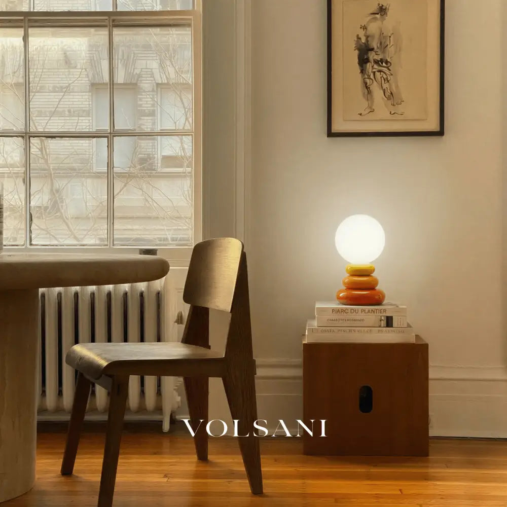Ceramic Table Lamp with Sculptural Stacked Base Lunar Globe Shade Night Light for Bedroom Desk & Shelf 3 Colors 9in