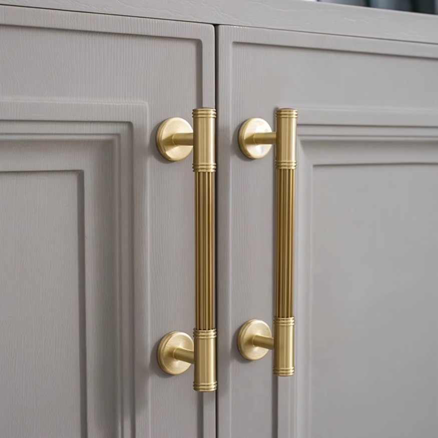 Grooved Brass Pull Bars, Modern Kitchen & Wardrobe Cabinet Hardware, Cylindrical Profile, Set of 2 Pieces, 3.7-8.8in