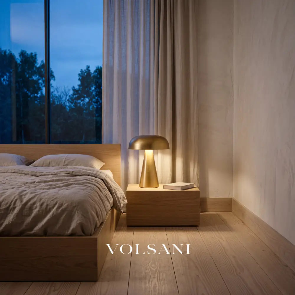 Gold mid-century cordless lamp lit on a bedside table in a Japandi bedroom at dusk