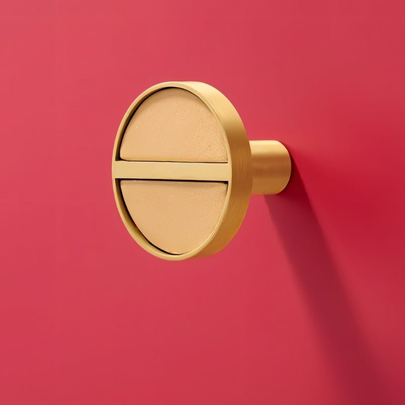 Brass & Leather Cabinet Knobs, Modern Wardrobe & Drawer Hardware, Central Brass Bar Grip, Set of 2 in 7 Colors, 1.2in