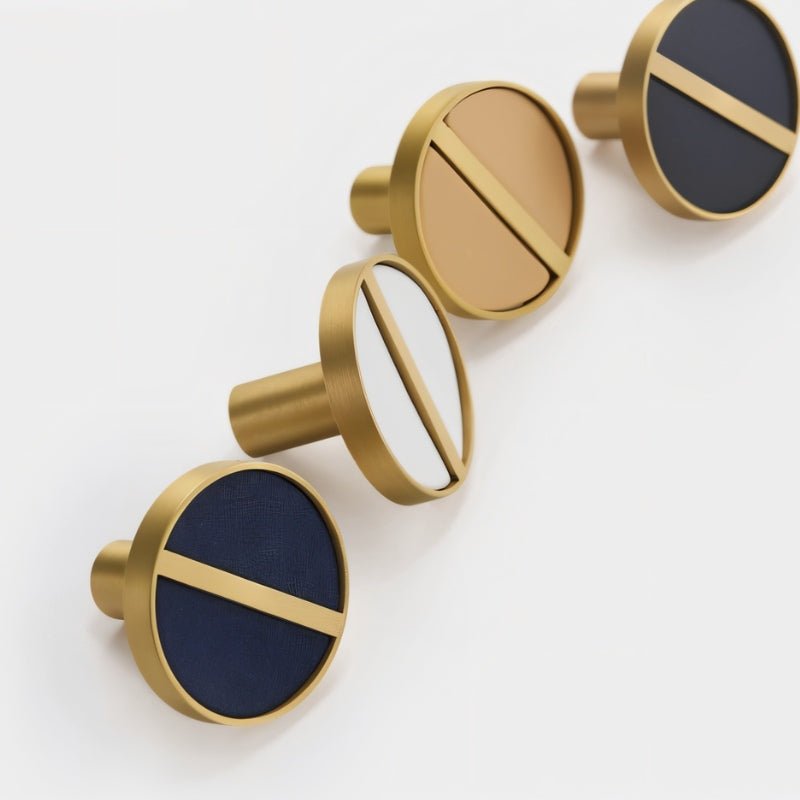 Brass & Leather Cabinet Knobs, Modern Wardrobe & Drawer Hardware, Central Brass Bar Grip, Set of 2 in 7 Colors, 1.2in