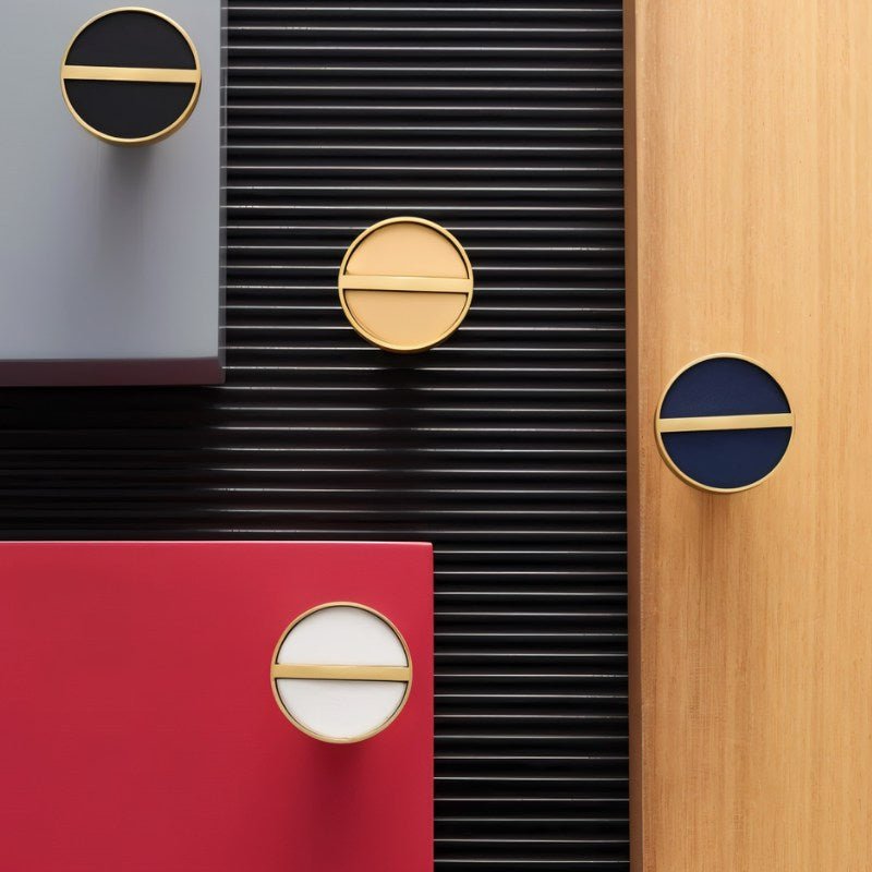 Brass & Leather Cabinet Knobs, Modern Wardrobe & Drawer Hardware, Central Brass Bar Grip, Set of 2 in 7 Colors, 1.2in