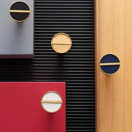 Brass & Leather Cabinet Knobs, Modern Wardrobe & Drawer Hardware, Central Brass Bar Grip, Set of 2 in 7 Colors, 1.2in