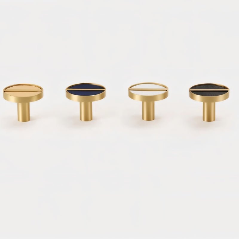 Brass & Leather Cabinet Knobs, Modern Wardrobe & Drawer Hardware, Central Brass Bar Grip, Set of 2 in 7 Colors, 1.2in