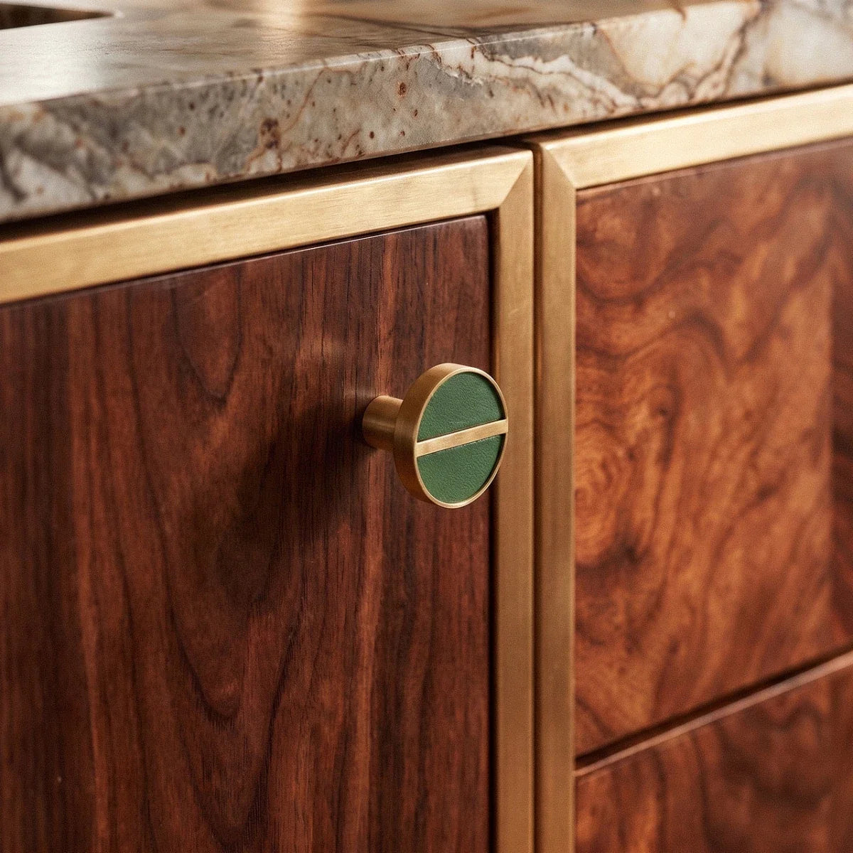 Brass & Leather Cabinet Knobs, Modern Wardrobe & Drawer Hardware, Central Brass Bar Grip, Set of 2 in 7 Colors, 1.2in