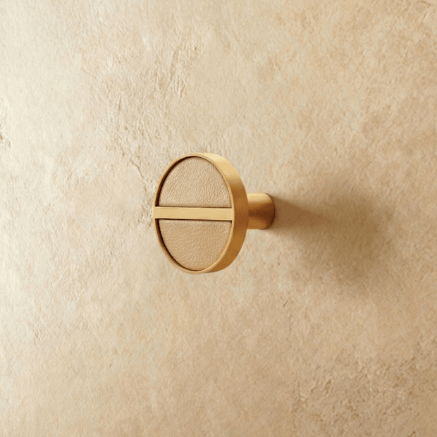 Brass & Leather Cabinet Knobs, Modern Wardrobe & Drawer Hardware, Central Brass Bar Grip, Set of 2 in 7 Colors, 1.2in