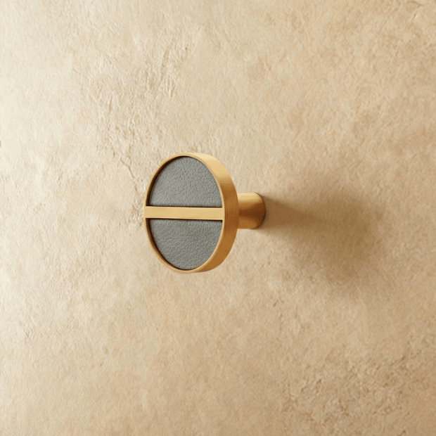 Brass & Leather Cabinet Knobs, Modern Wardrobe & Drawer Hardware, Central Brass Bar Grip, Set of 2 in 7 Colors, 1.2in