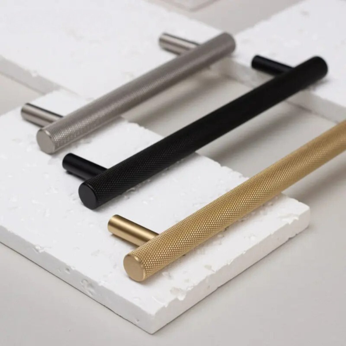 Cross-Knurled Brass Cabinet Knobs & Drawer Pulls, Modern Wardrobe & Kitchen Hardware, Three Finishes, Set of 2, 2-10in