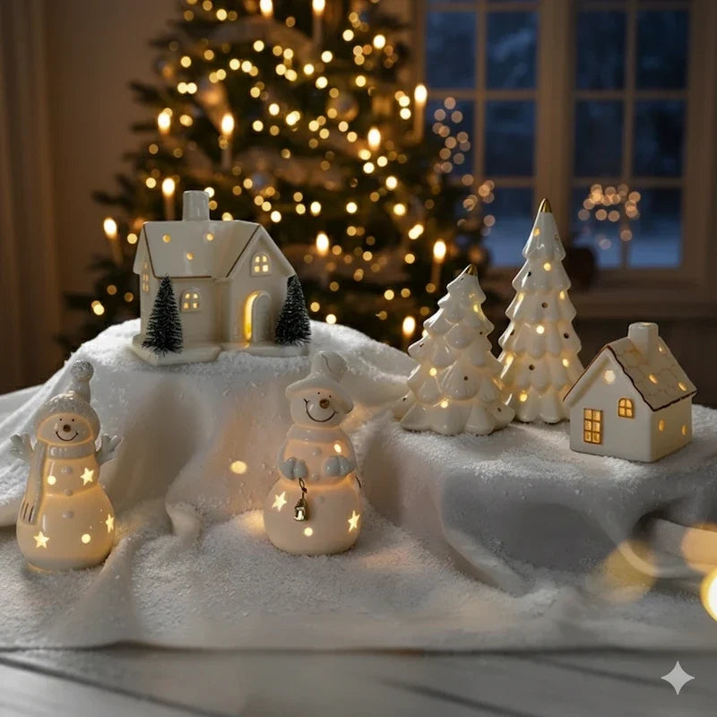 Ceramic Christmas Houses, Light Up White Village Set, Trees & Snowmen, LED