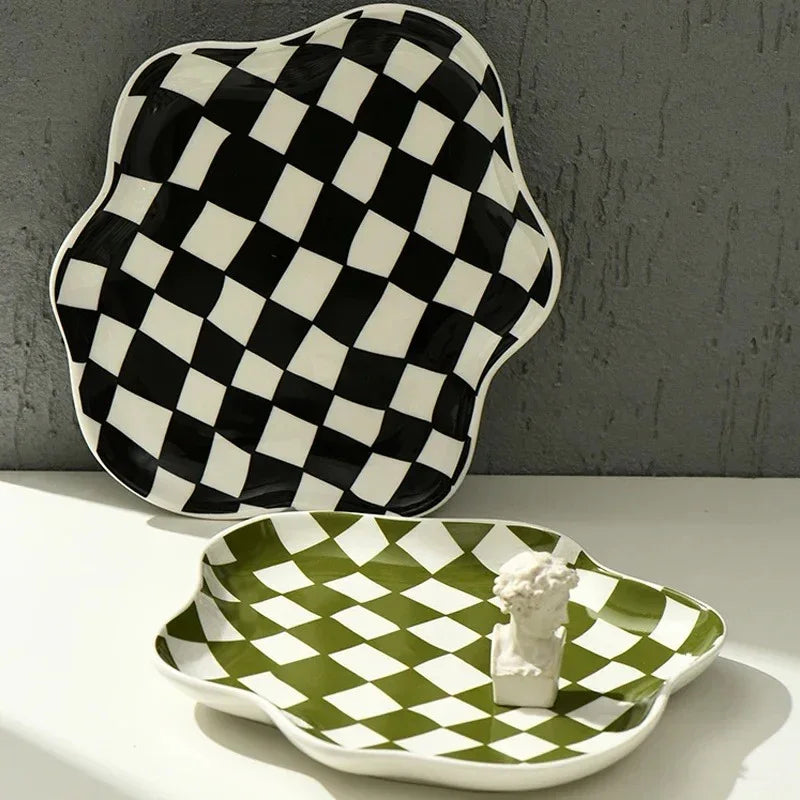 Checkered Ceramic Tray, Round Catchall Tray & Retro Serving Plate, 9.1in