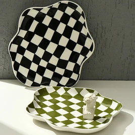 Checkered Ceramic Tray, Round Catchall Tray & Retro Serving Plate, 9.1in
