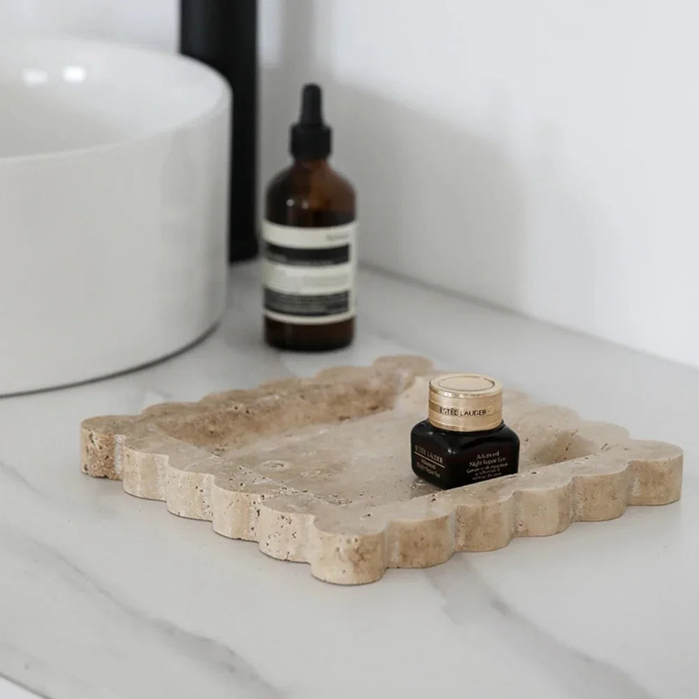 Travertine Jewelry Tray, Scalloped Square Perfume Tray for Dresser, 7.9in