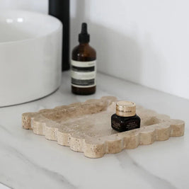 Travertine Jewelry Tray, Scalloped Square Perfume Tray for Dresser, 7.9in