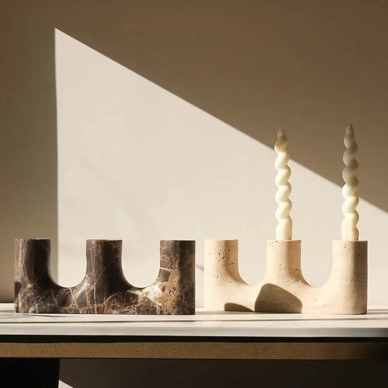 Stone Candle Holder, Vintage Mantel Candlestick, Beige or Brown, 9.6in