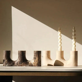 Stone Candle Holder, Vintage Mantel Candlestick, Beige or Brown, 9.6in