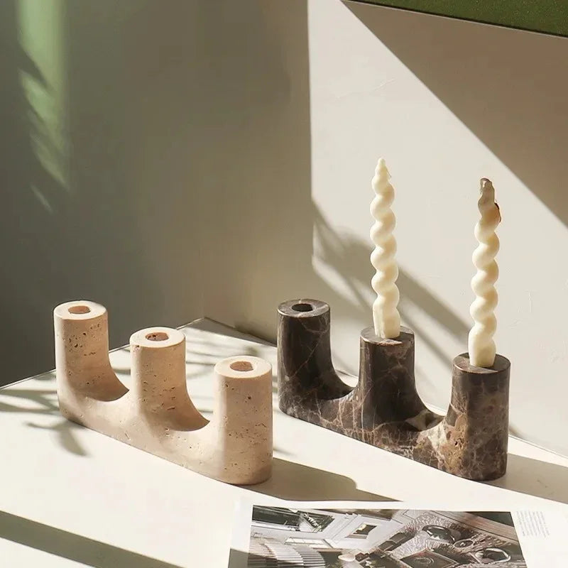 Stone Candle Holder, Vintage Mantel Candlestick, Beige or Brown, 9.6in