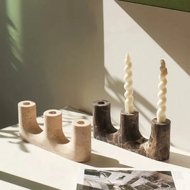 Stone Candle Holder, Vintage Mantel Candlestick, Beige or Brown, 9.6in